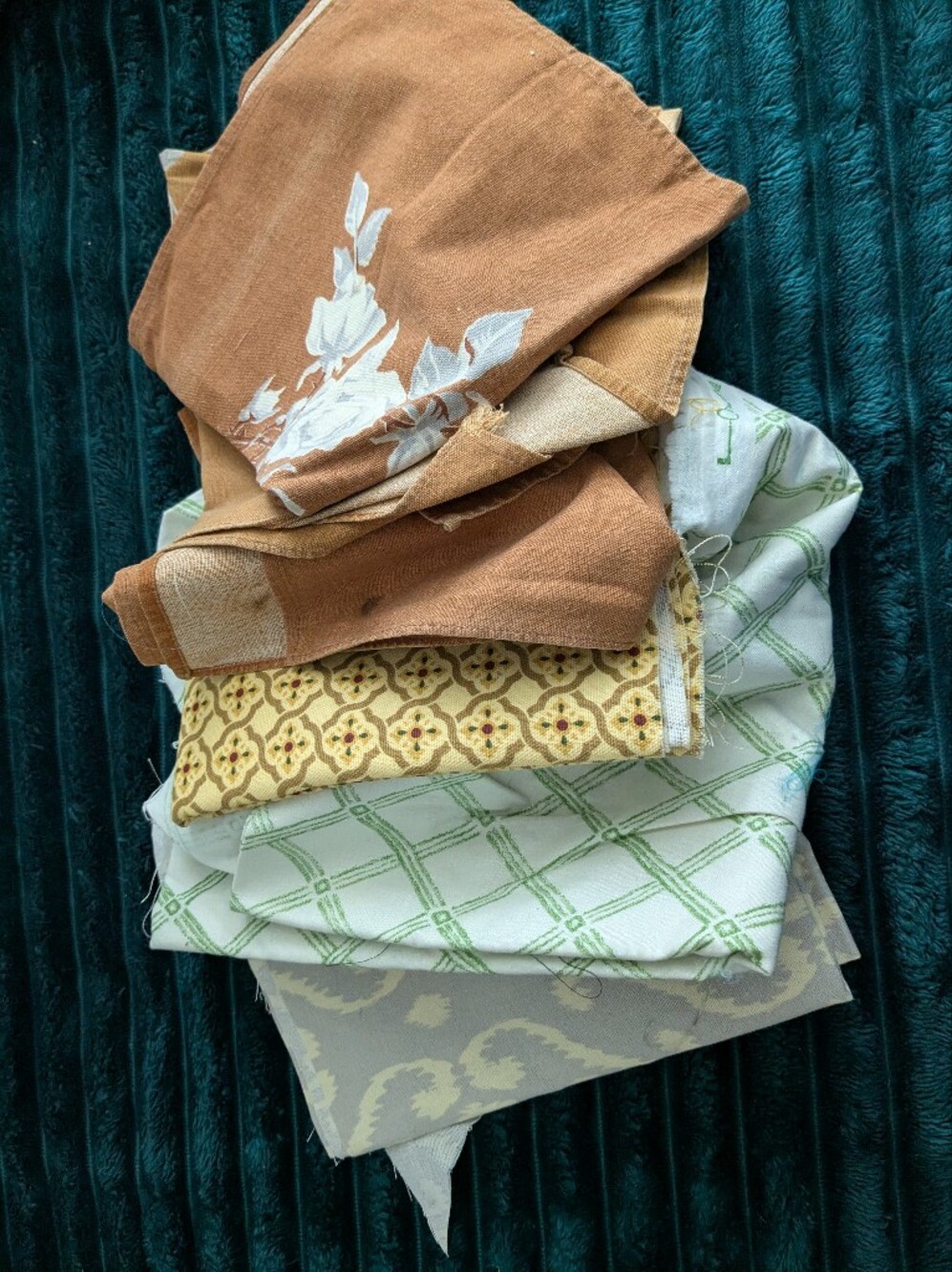 Vintage Fabric Scrap Bundle - Rust, Yellow, Green, Cream
